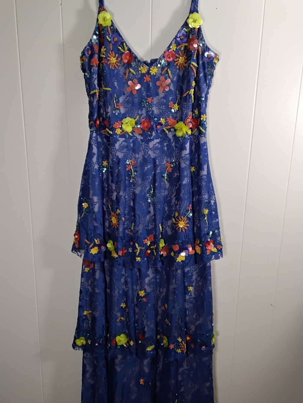 Gianni Bini Blue Floral Tiered Lace Maxi Dress With 4D Flowers - Picture 4 of 7